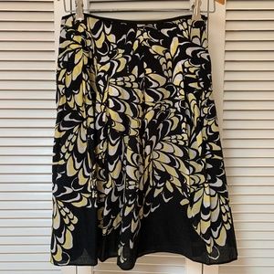 T Tahari Skirt Cotton Print Lined A-Line Black Yellow White